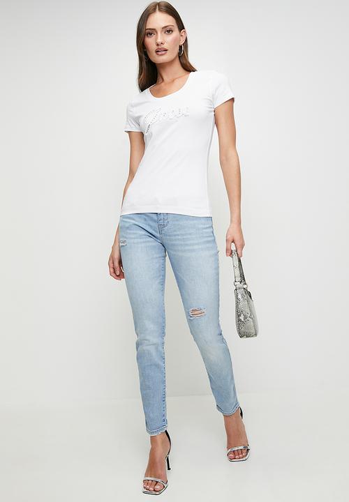 GUESS - Cn Ss Embro Script Logo Tee - Pure White