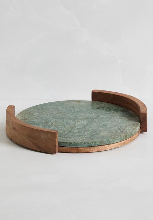 Marble tray with wooden handles - Green