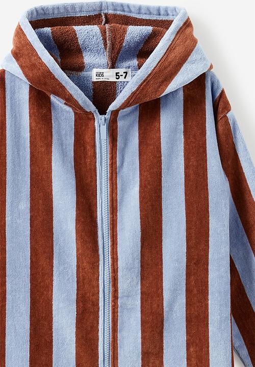 Cotton On - Kids zip thru hooded towel - dawn blue/chestnut bold stripe