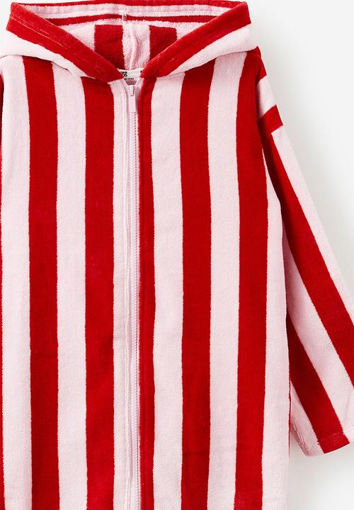 Cotton On - Kids zip thru hooded towel - varsity red/tea party pink bold stripe