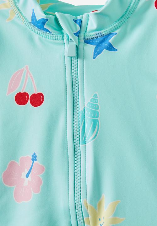 Cotton On - Lucy long sleeve ruffle back swimsuit - blue aura/tropical tides