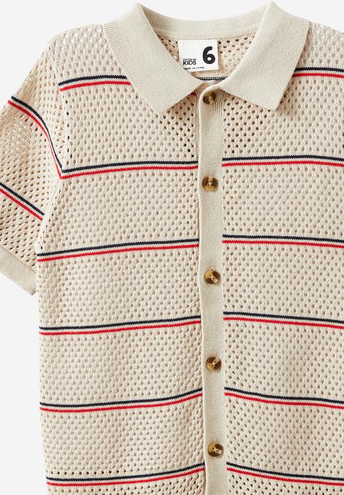 Cotton On - Knitted short sleeve shirt - rainy day/squid ink/varsity red