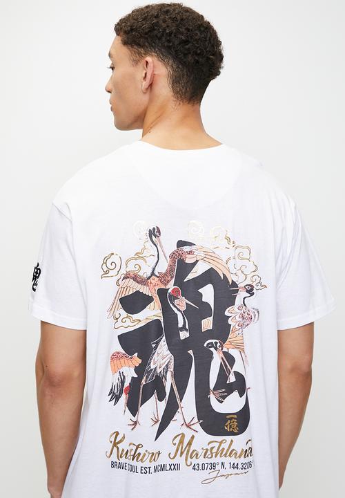 Brave Soul - Crew Neck Oversized T-Shirt - Optic White/Multi-Colour Print