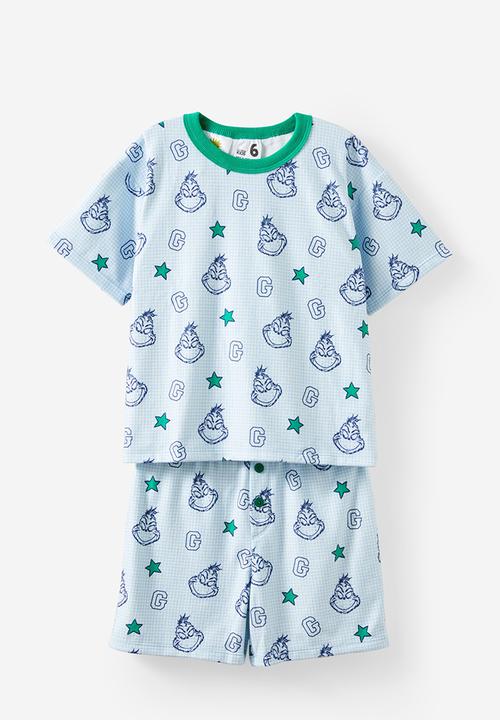 Cotton On - Damon short sleeve pyjama set license - lcn drs dawn blue/grinch houndstooth yardage