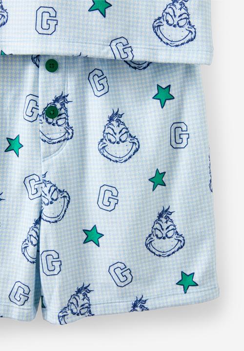 Cotton On - Damon short sleeve pyjama set license - lcn drs dawn blue/grinch houndstooth yardage
