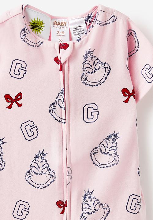 Cotton On - The short sleeve zip romper license - lcn drs tea party pink/grinch bows