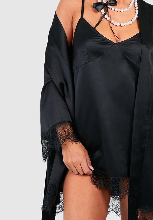 boohoo - Satin lace trim robe - black