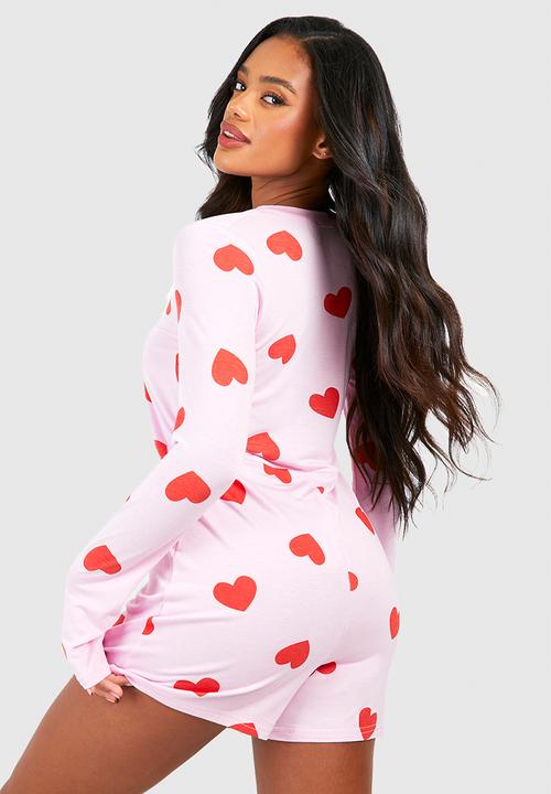 boohoo - Heart print button front romper - pink