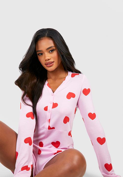 boohoo - Heart print button front romper - pink