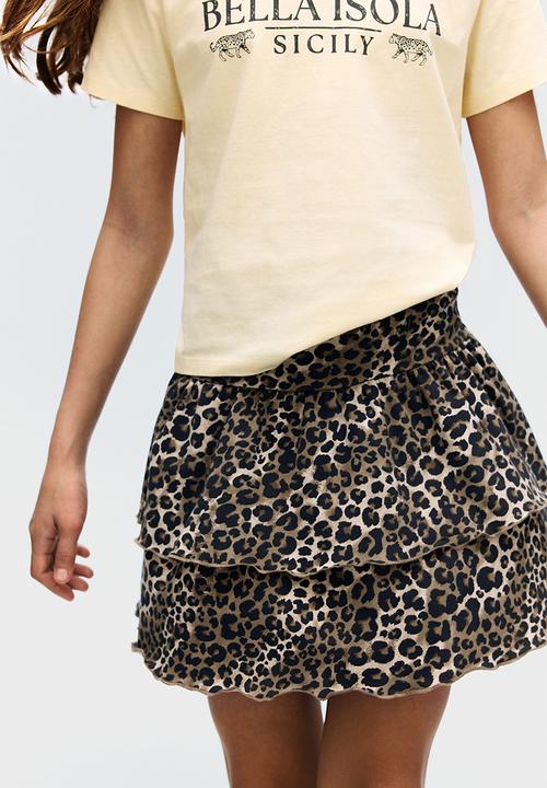 H&M - Tiered foldover-waist skirt - beige/leopard print 