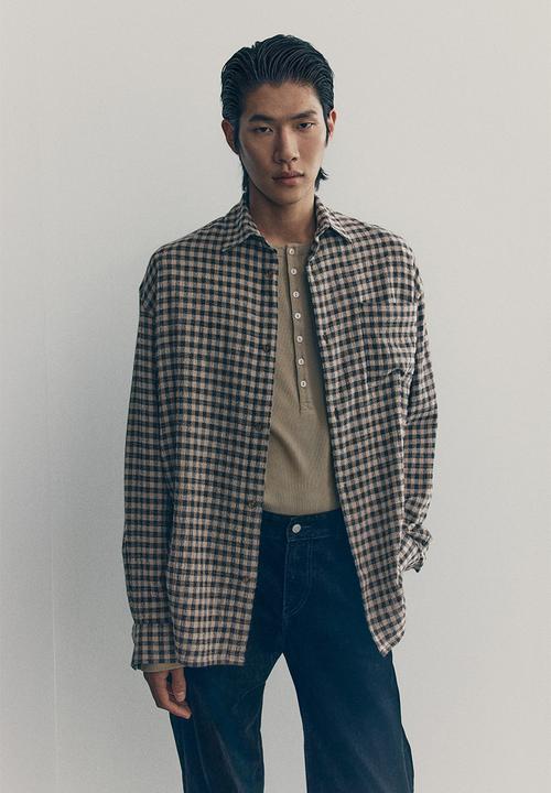 H&M - Checked cotton shirt - beige/dark blue checked 