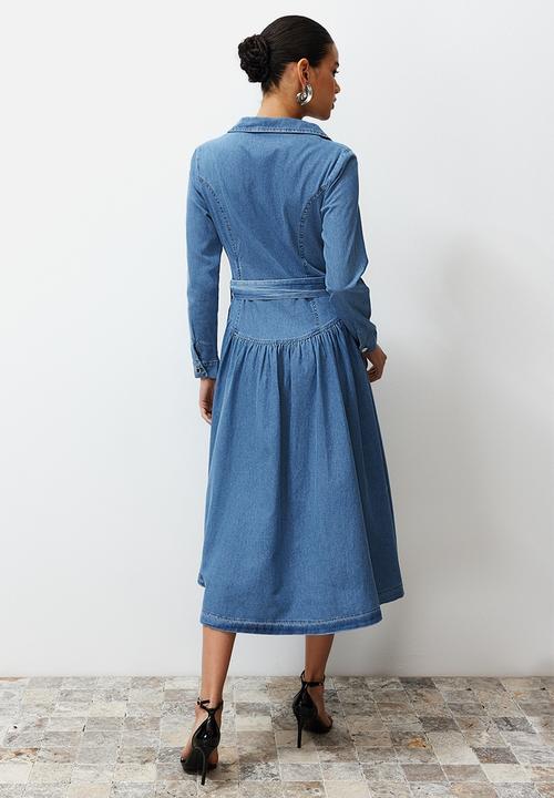 Trendyol - Belted Jacket Collar Maxi Denim Dress - Light blue