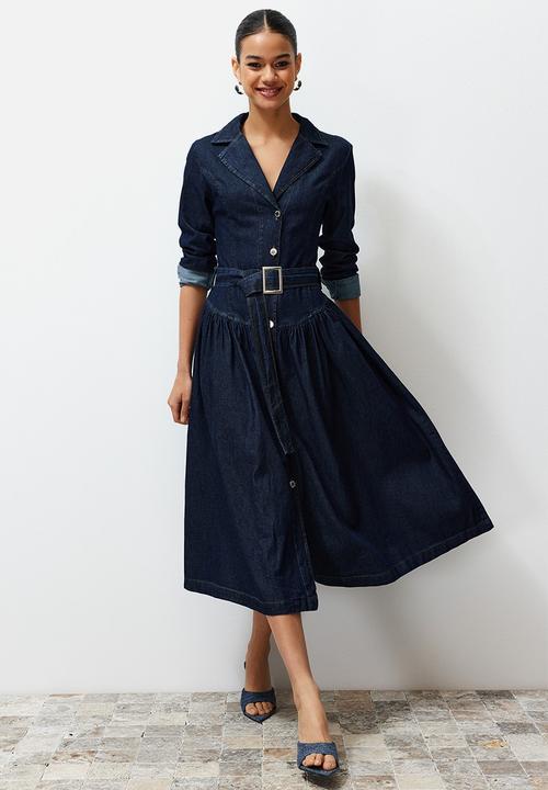 Trendyol - Belted Jacket Collar Maxi Denim Dress - Blue