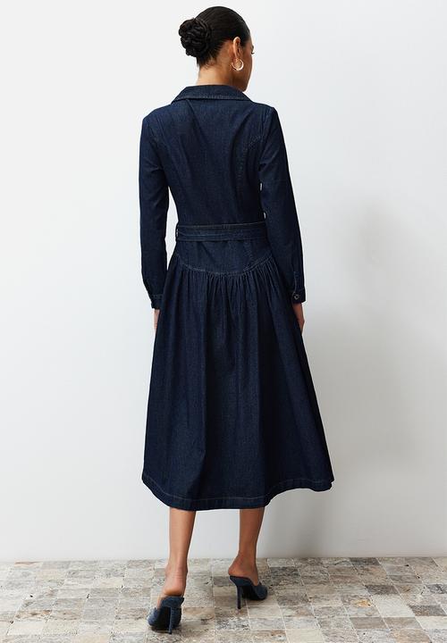 Trendyol - Belted Jacket Collar Maxi Denim Dress - Blue
