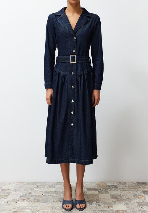 Trendyol - Belted Jacket Collar Maxi Denim Dress - Blue