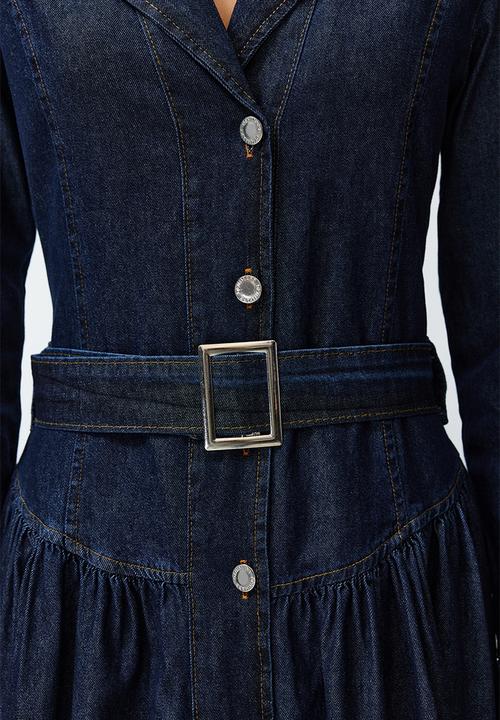 Trendyol - Belted Jacket Collar Maxi Denim Dress - Blue