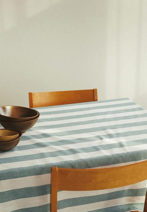 Patterned cotton tablecloth - dusty blue striped