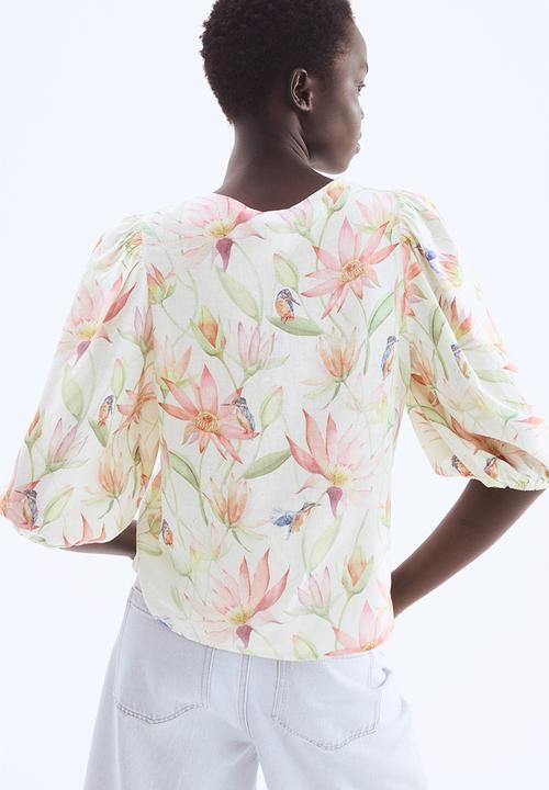 H&M - Linen-blend blouse - white/floral