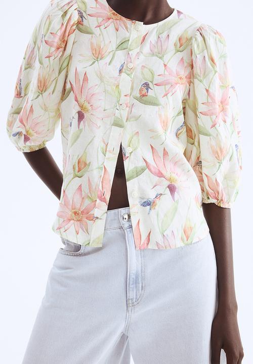 H&M - Linen-blend blouse - white/floral