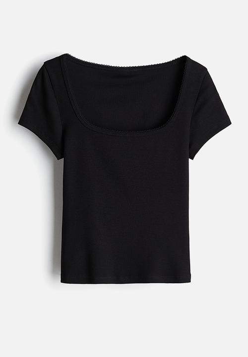 H&M - Picot-trimmed ribbed t-shirt - black