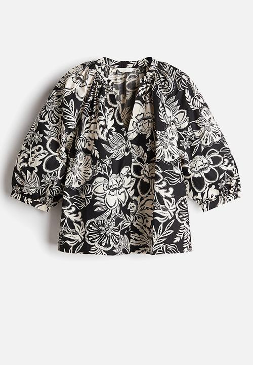 H&M - Balloon-sleeved poplin blouse - black/floral