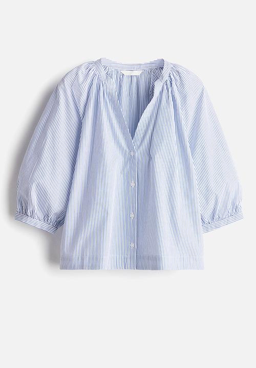 H&M - Balloon-sleeved poplin blouse - white/blue striped 