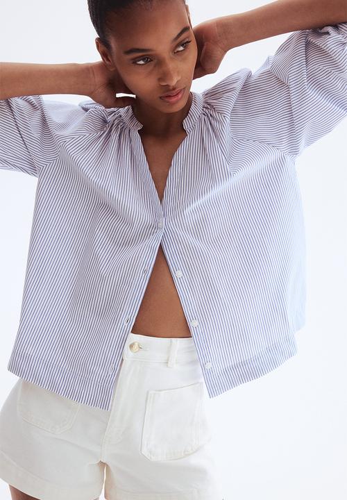 H&M - Balloon-sleeved poplin blouse - white/blue striped 