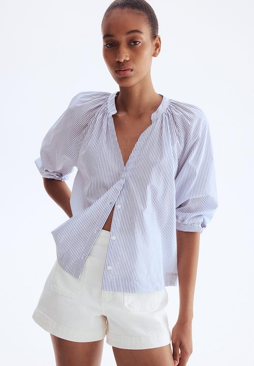 H&M - Balloon-sleeved poplin blouse - white/blue striped 