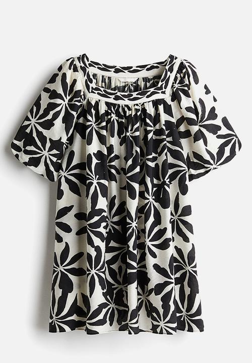 H&M - Balloon-sleeved tunic dress - white & black floral