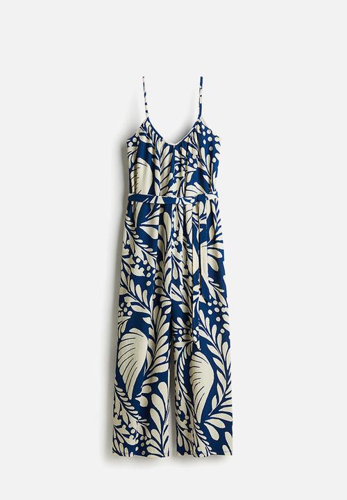 H&M - Crinkled strappy jumpsuit - blue & cream patterned