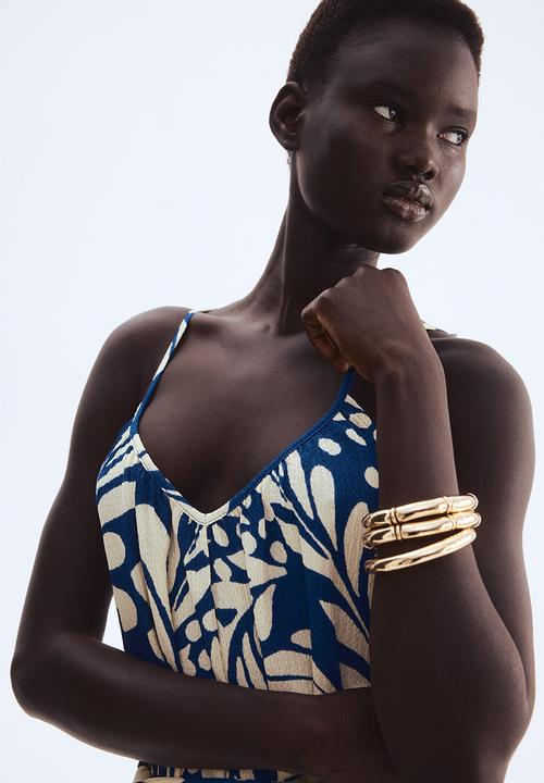 H&M - Crinkled strappy jumpsuit - blue & cream patterned