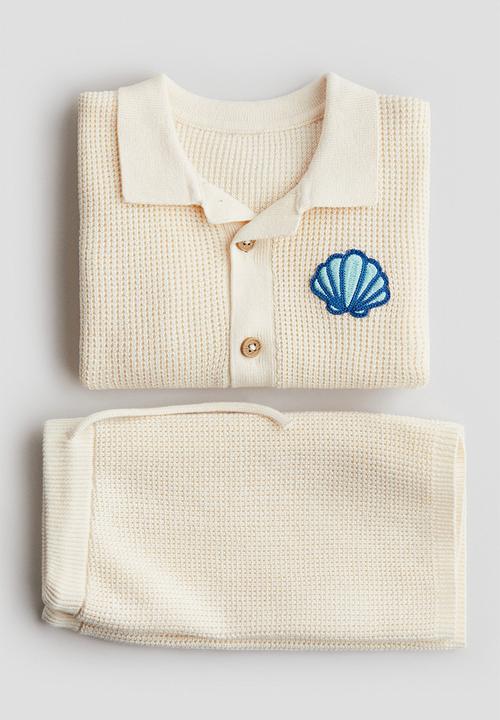 H&M - 2-Piece cotton waffle-knit set - light beige seashell