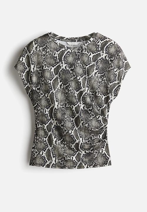 H&M - Cap-sleeved top - dark grey snakeskin pattern