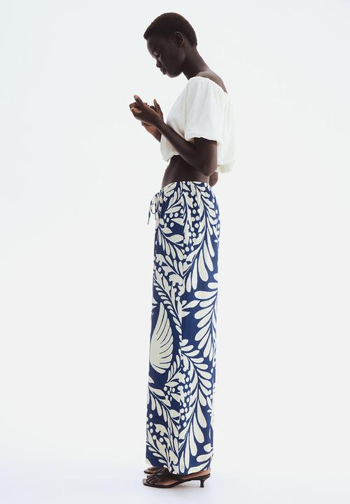 H&M - Wide pull-on trousers - blue & cream patterned