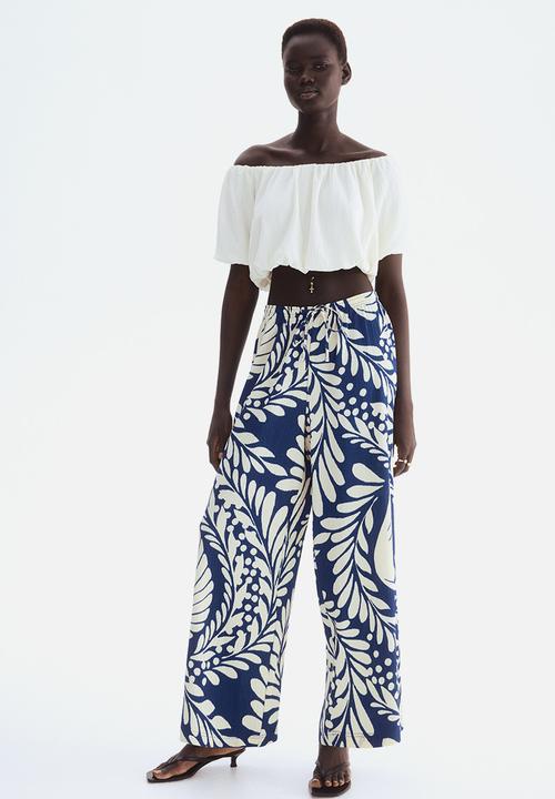 H&M - Wide pull-on trousers - blue & cream patterned