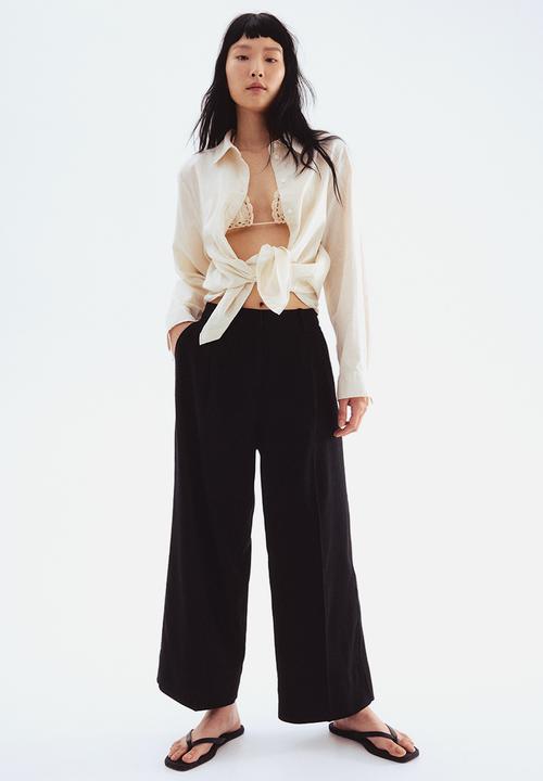 H&M - Wide linen-blend trousers - black