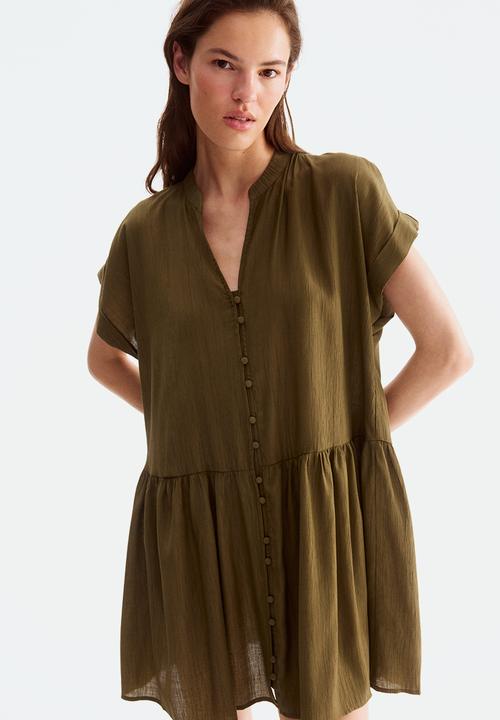 Crinkled tunic dress - dark khaki green - 1238340015
