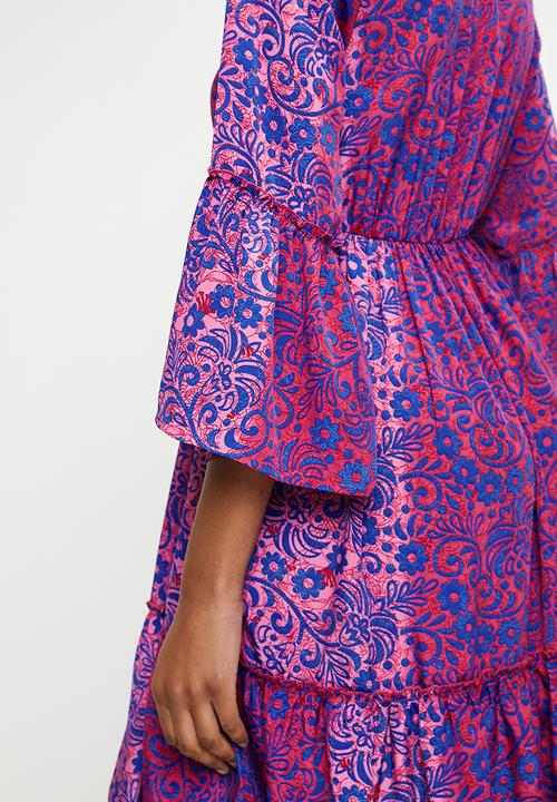 Stella Morgan - V-Neck Tie Cross Neck Tiered Midi Dress Flutter Sleeve - Pink