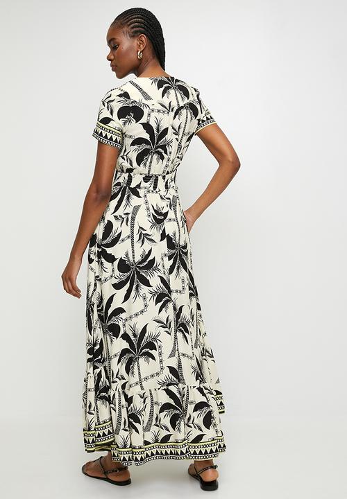 Izabel London - V-Neck Cap Sleeve Button Through Maxi Dress Border Print - Multi Black