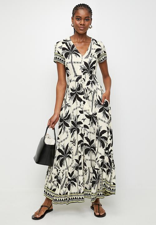 Izabel London - V-Neck Cap Sleeve Button Through Maxi Dress Border Print - Multi Black