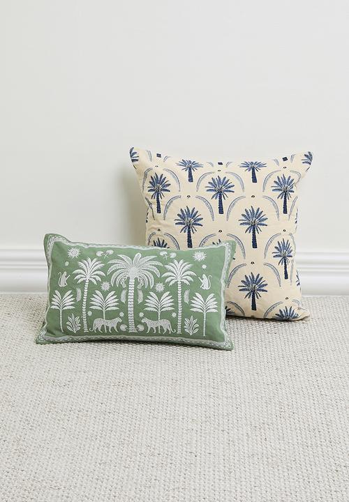 Sixth Floor - Palms embroidered woven cushion cover - blue