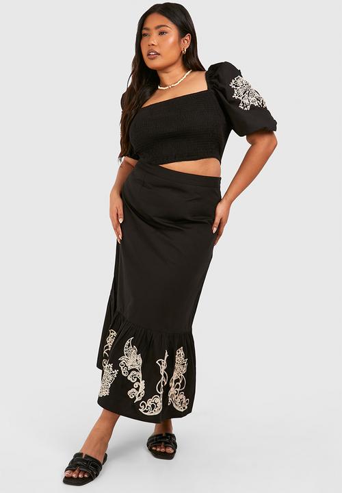 boohoo - Plus woven embroidery midaxi skirt -  black