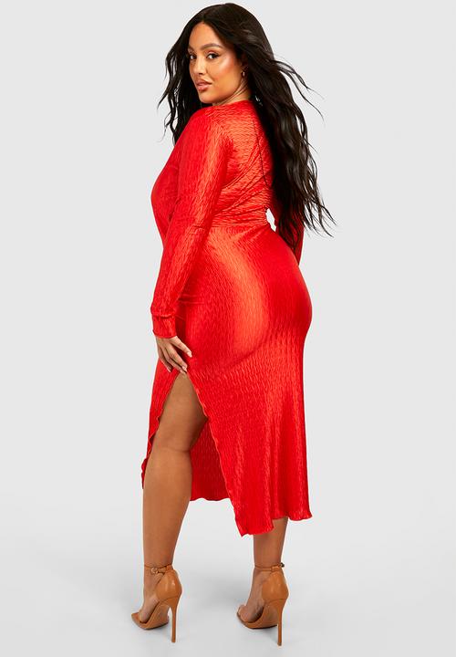 boohoo - Plus wave plisse wrap midi dress -  burnt orange