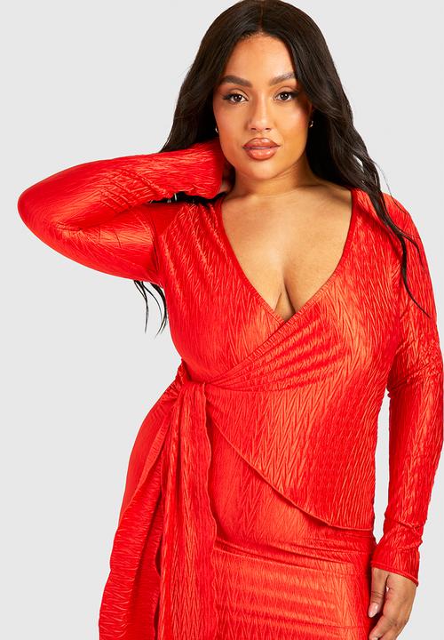 boohoo - Plus wave plisse wrap midi dress -  burnt orange