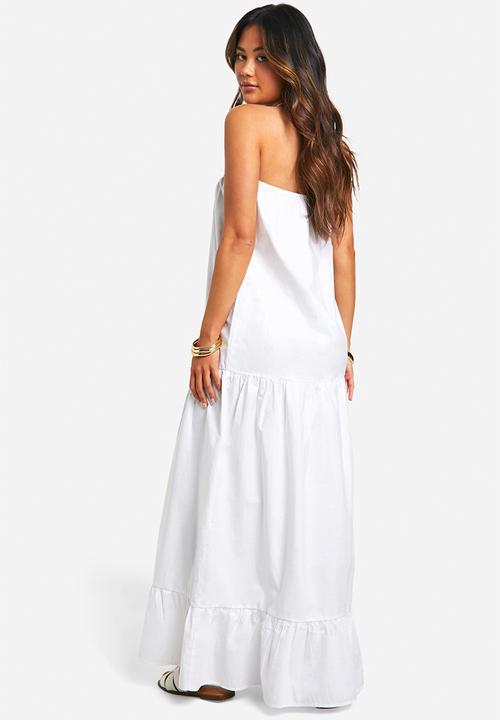 boohoo - Cotton poplin bandeau volume maxi dress - white