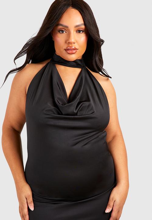 boohoo - Plus drape halterneck slinky maxi dress -  black
