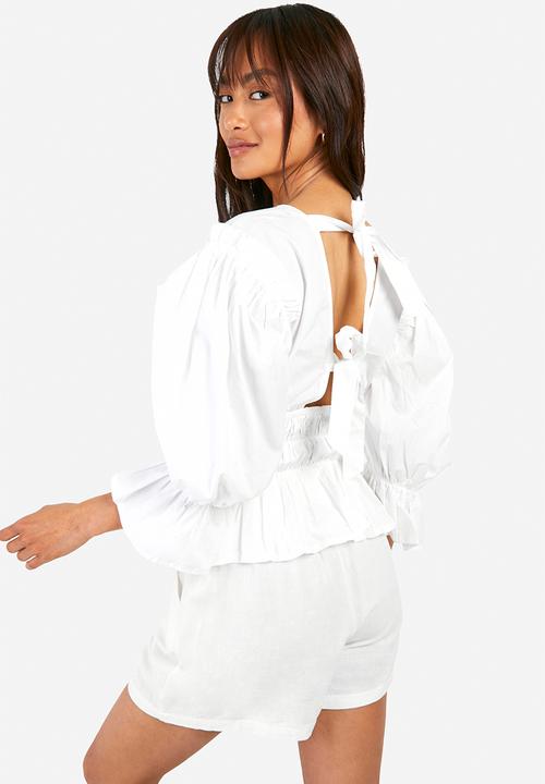 boohoo - Volume sleeve tie back cotton poplin top - white