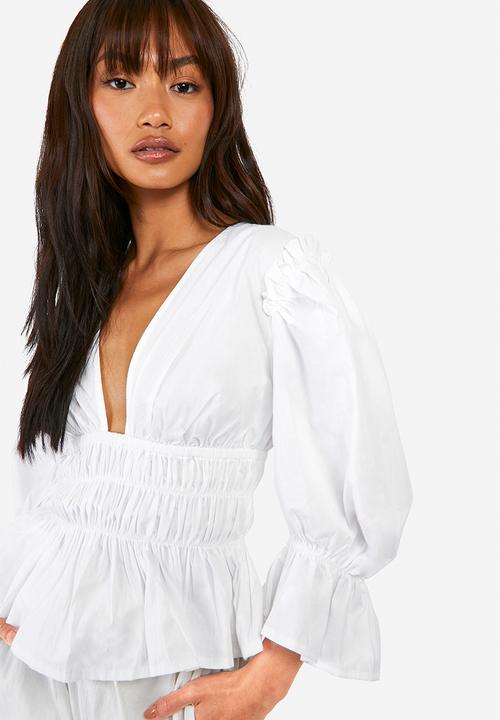 boohoo - Volume sleeve tie back cotton poplin top - white