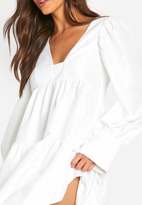 boohoo - Puff sleeve tiered smock dress - white