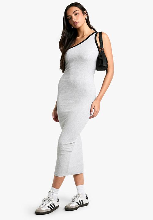 boohoo - Contrast binding one shoulder midaxi dress - grey marl